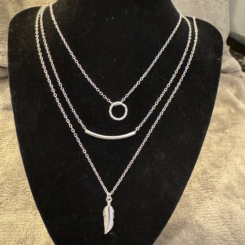 Silver Toned Layered Necklace with Feather Pendant